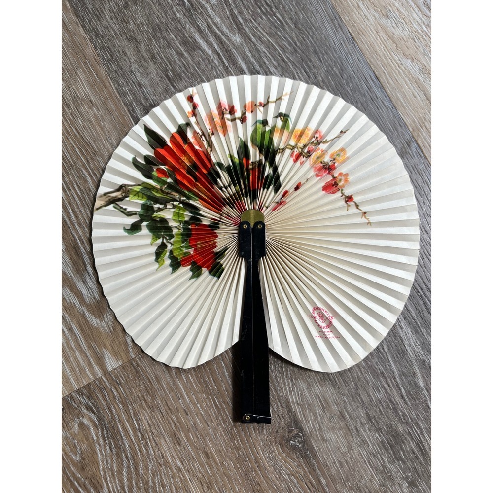 Shanghai Arts & Craft Folding Hand Fan Unisex OS Cream Floral Bird Print Vintage